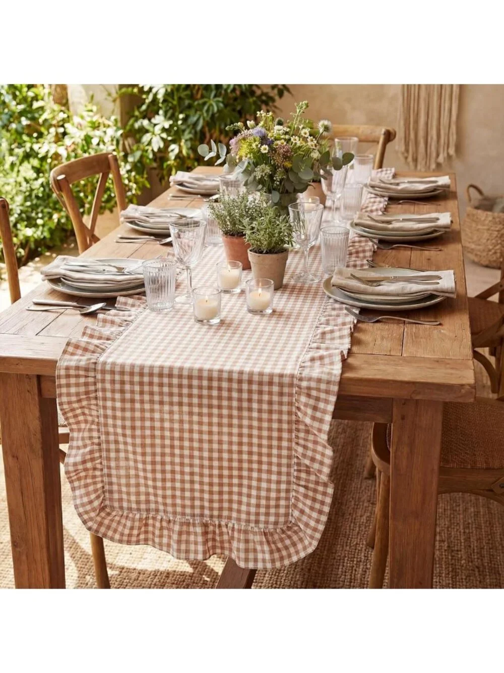 Brown Plaid Gingham Ruffle Table Runner 118x13.8'' - Farmhouse Rustic Decor
